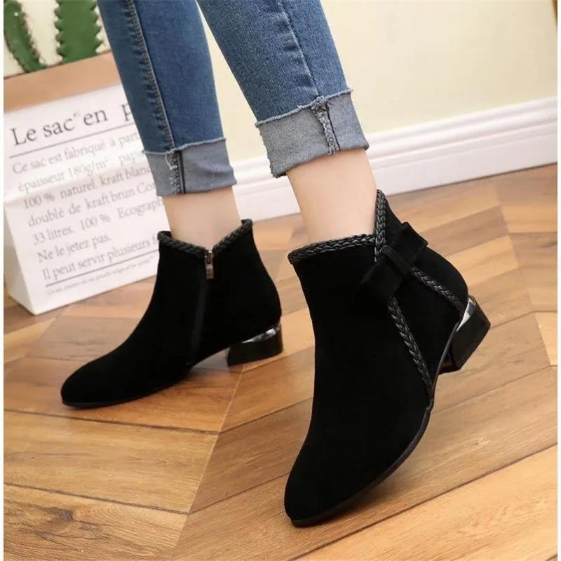 Retro Modern Boots Ladies Shoes 2024 Plus Size Ankle Women's Boots Fashion Bow Tie Pointed Toe Low Heel Side Zip Shoes Female