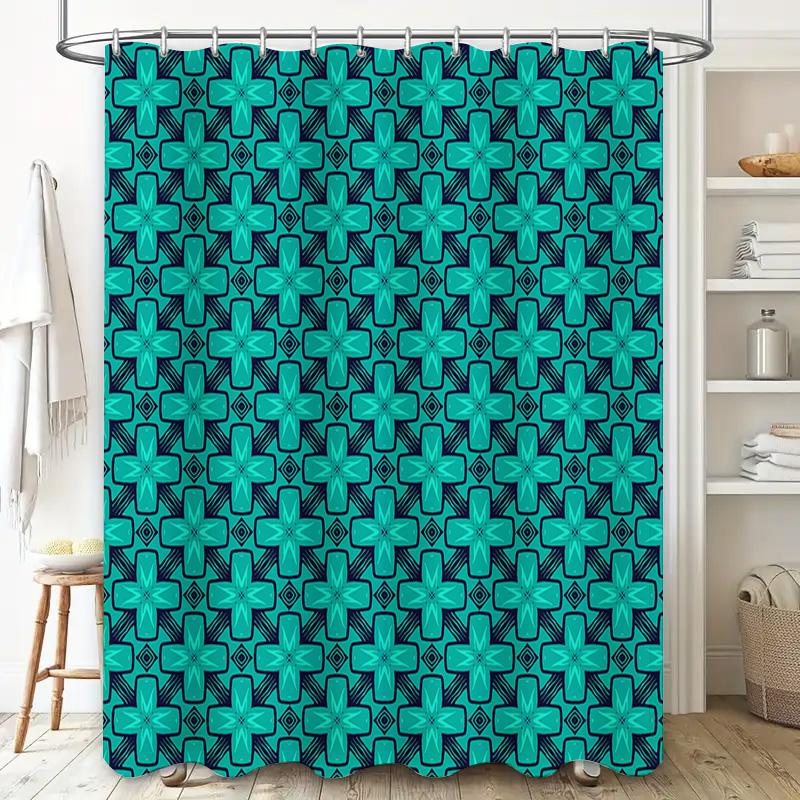 Rideau de douche géométrique bleu et noir style moderne pour décoration de salle de bain Taille 72 x 84 pouces Ensemble avec crochets inclus