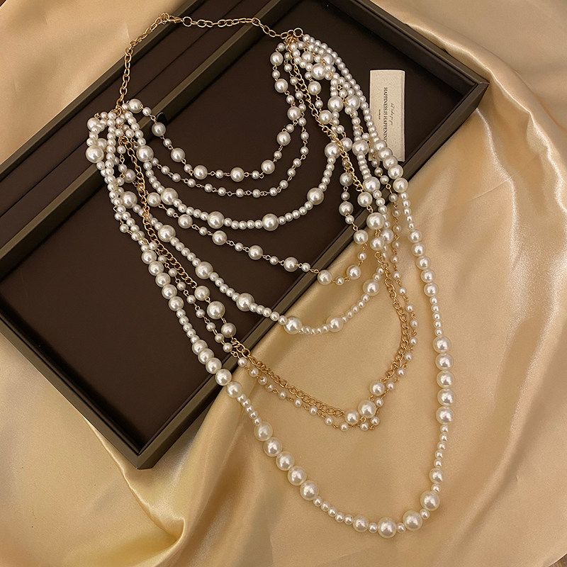 Modische Übertriebene Mehrschichtige Perlenkette und Ohrringe Set Damenmode Lange Schwere Industrie Pulloverkette Elegante Stilvolle Accessoires