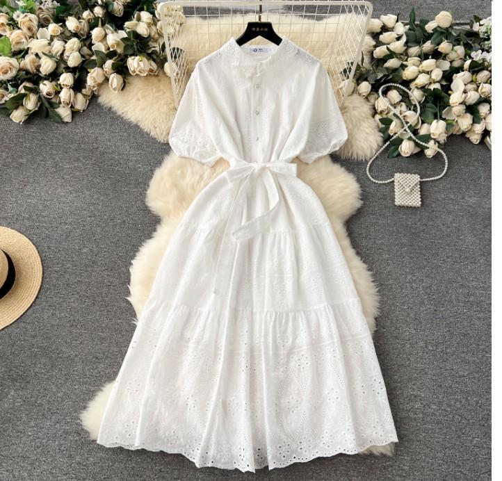 2026 Retro Embroidery Hollow Lace Lapel Breasted Slim-fit Long Age-reducing Bubble Sleeve Dress Women