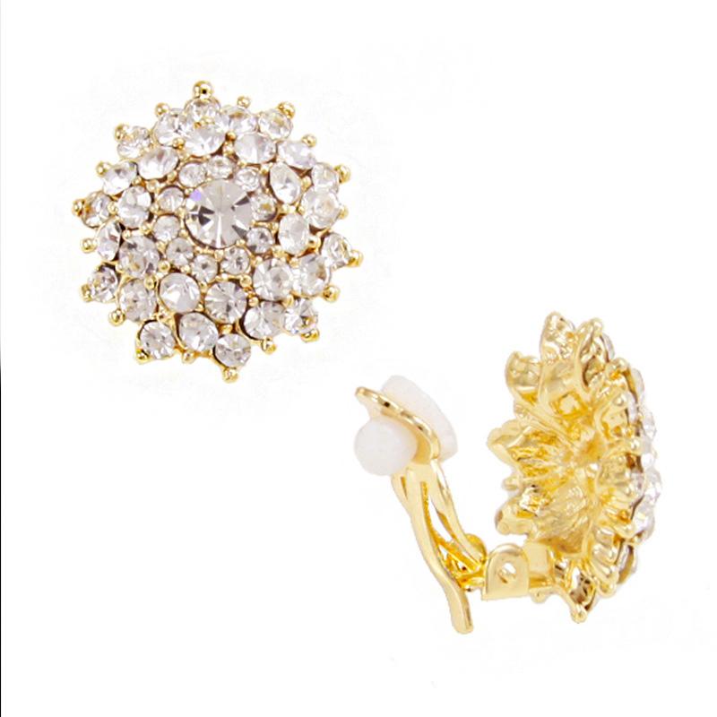 Luxe Gouden Sprei Glanzende Strass Clip-on Oorbellen Ronde Bloem Zonder Piercing voor Vrouwen Bruiloft Feest Sieraden