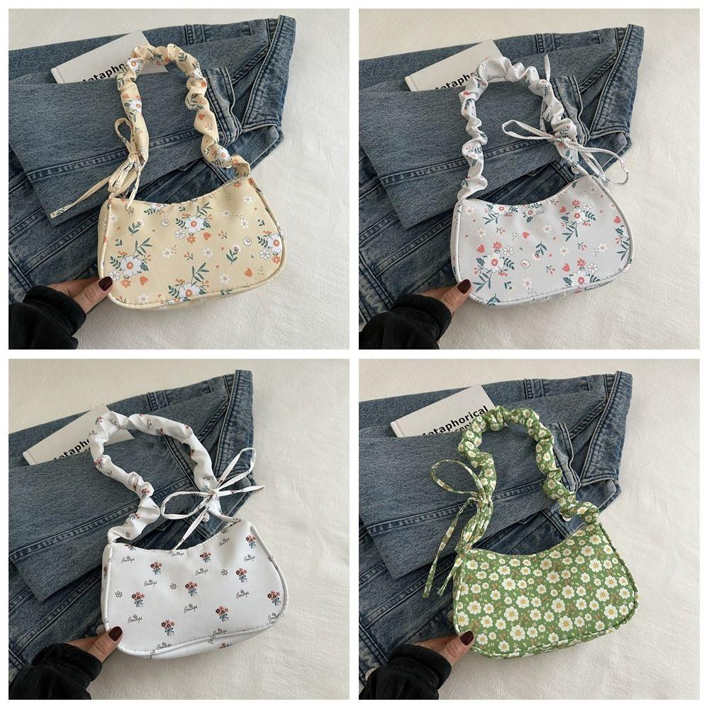 Elegant Flower Pattern Printing Shoulder Bag Bow Wrinkle Sweet Canvas Bag Underarm Bag Large Capacity Lovely Tote Bag Travel
