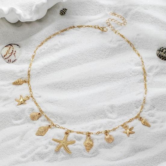 Summer Beach Necklace, Shell Conch Starfish Charms Necklace, Adjustable Coastal Style Necklace for Women Seaside Holiday Jewelry