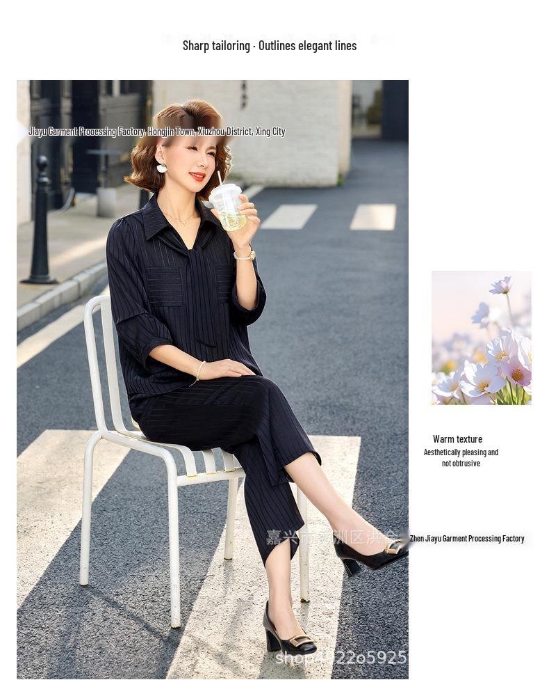 Elegant Summer Two-Piece Set: Wide-Leg Pants & Top for Middle-Aged Women