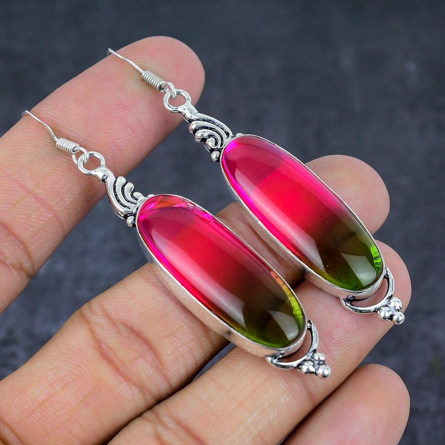 Bi-Color Tourmaline Gemstone 925 Sterling Silver Jewelry Earring 2.88"