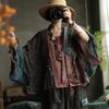 Women Vintage Patchwork Color Shirts Belt Autumn Blouses Bat Sleeve Female Blouses Chinese Style Tops