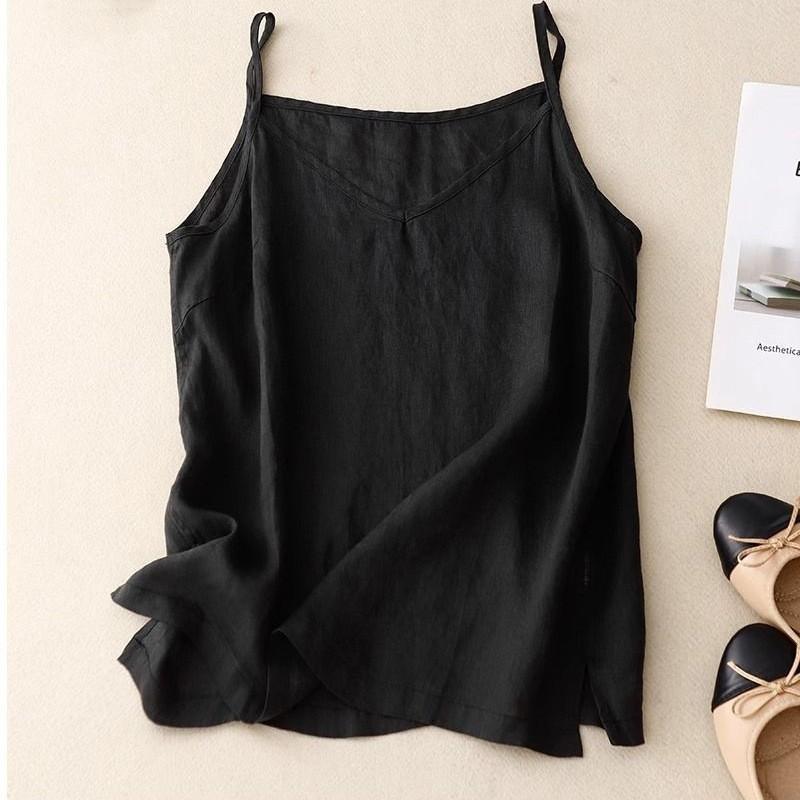 Dames Zomer Katoen-Linnen Losse Pasvorm Lichtgewicht Laagjes V-hals Spaghetti-bandjes Tanktop: Mouwloze Katoen-Linnen Boho-Stijl Top