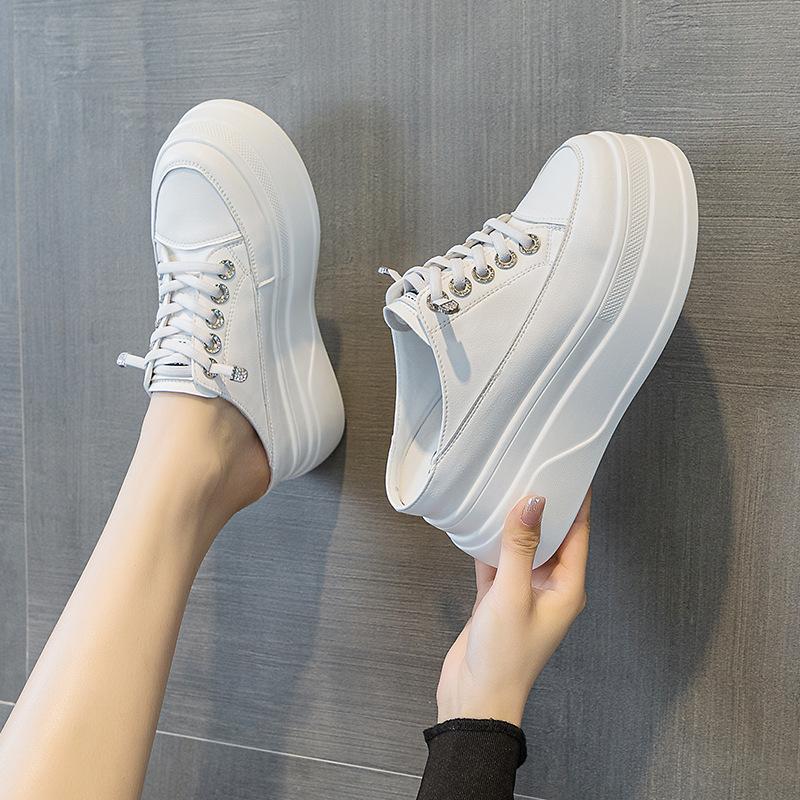Half Slippers Genuine Leather Women's Casual Shoes Platform Ladies Slippers Lace Up White Elevator Shoe Low Top Female Footwear
