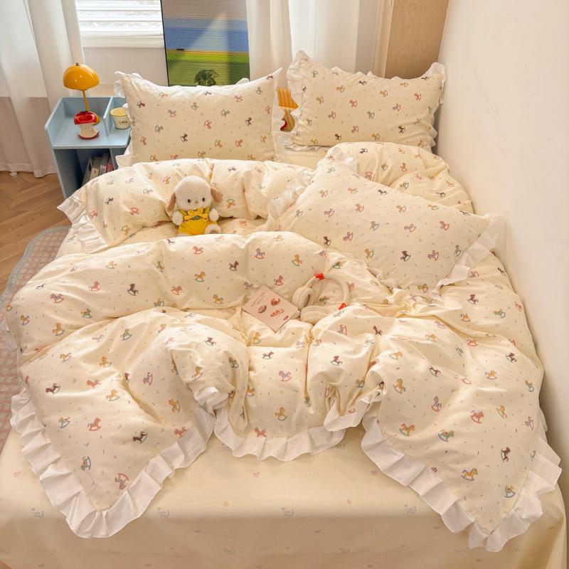 2026 Princess Style Cotton Lace Student Bedding Set - 4 Pieces