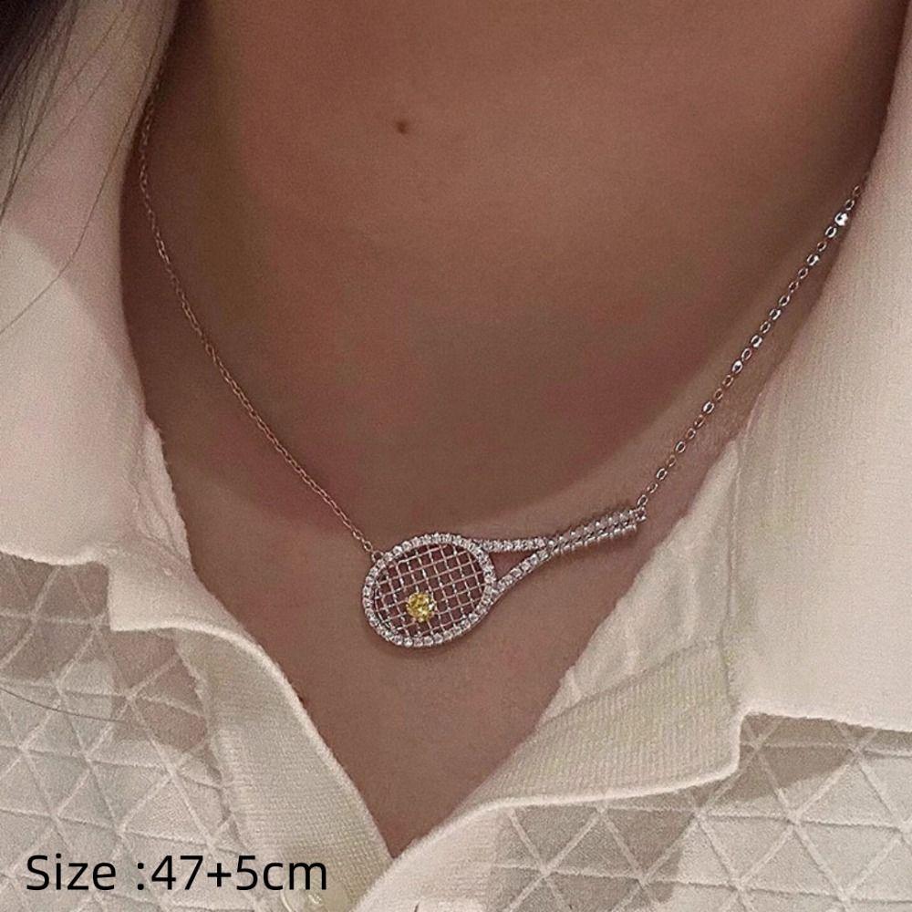 Fashion Exquisite Tennis Racket Zirconia Metal With Diamonds Pendant Silver Color Sweater Chain Jewelry Gifts