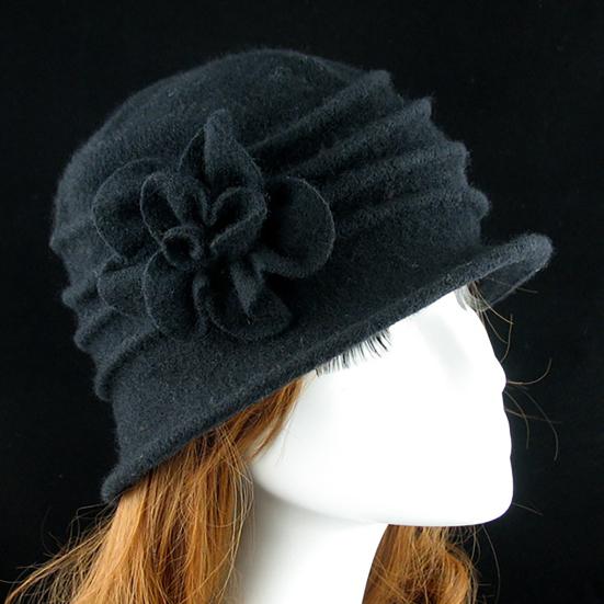 Flower Decor Wide Brim Round Dome Woolen Hat Middle Aged Ladies Elegant Bucket Hat