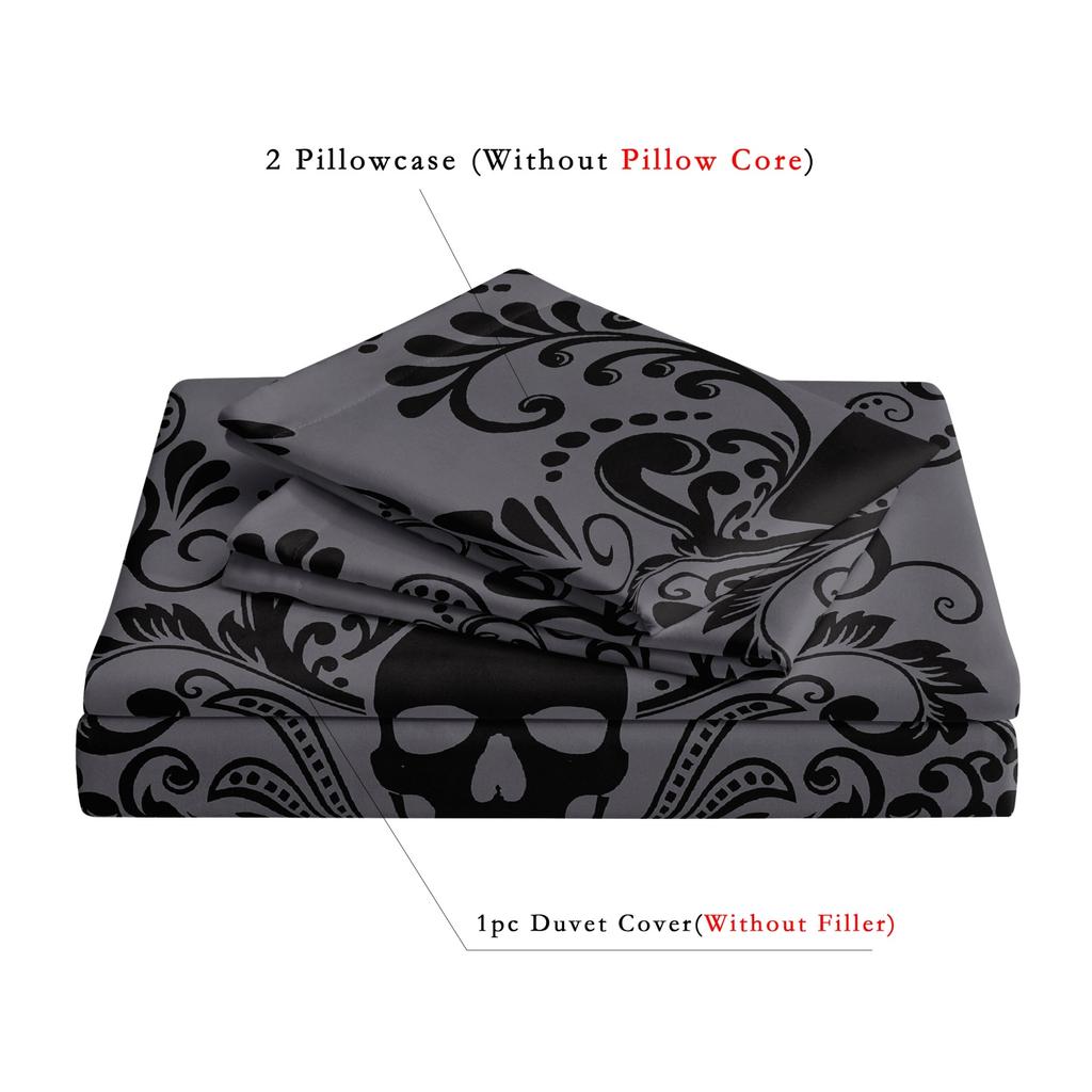 3pcs Soft & Breathable Dark Grey/Black Gothic Victorian Floral Duvet Cover with All-Season Luxury Bed Sheets Machine Washable