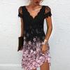 Sexy Fashion Floral Print Lace Party Dresses, Elegant Wave V-neck Mini Dress for Women, Short Sleeve Black Oversized Robes