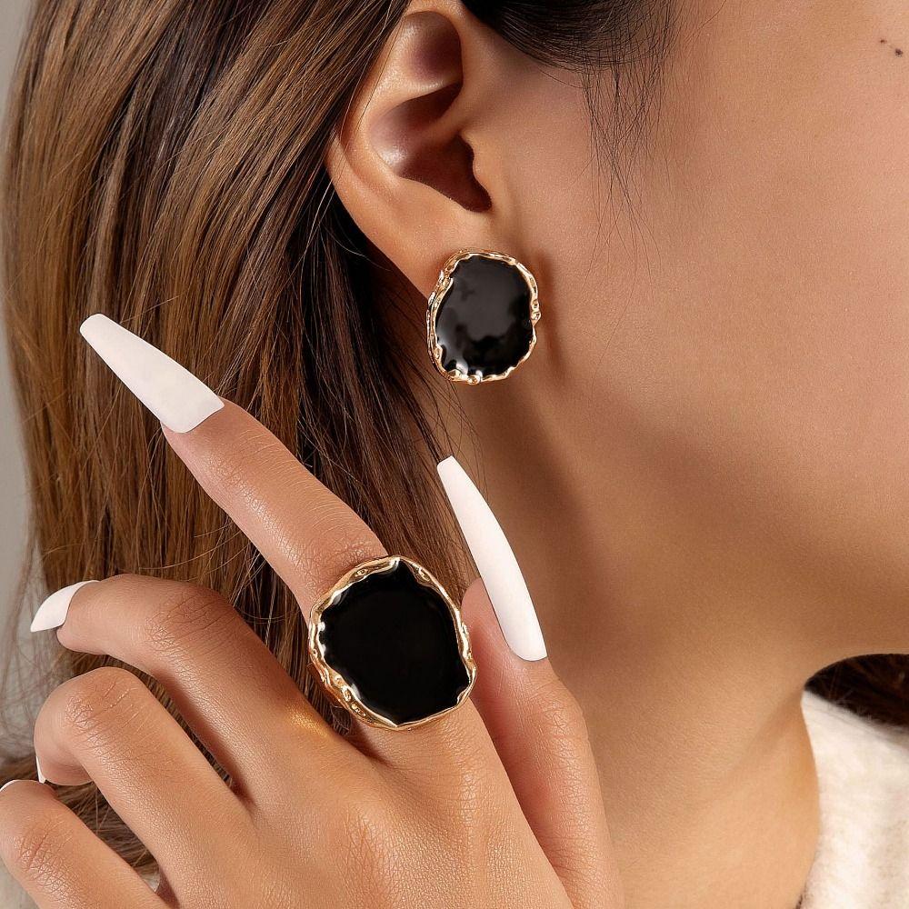 Metal Oil Dripping Large Joint Ring Large Gothic Jewelry Creative Bohemian Black Stone Ring  Women