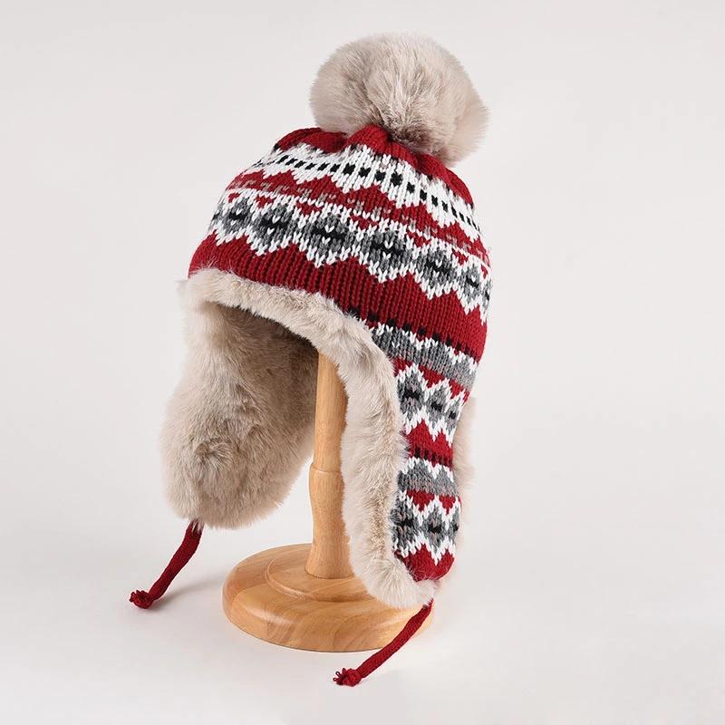 Winter Warme Bombermütze Thermisch Gestrickte Dicke Fleece Ohrenklappenmütze Plüsch Winddicht Damen Winter Outdoor Reise Wanderung Skimütze