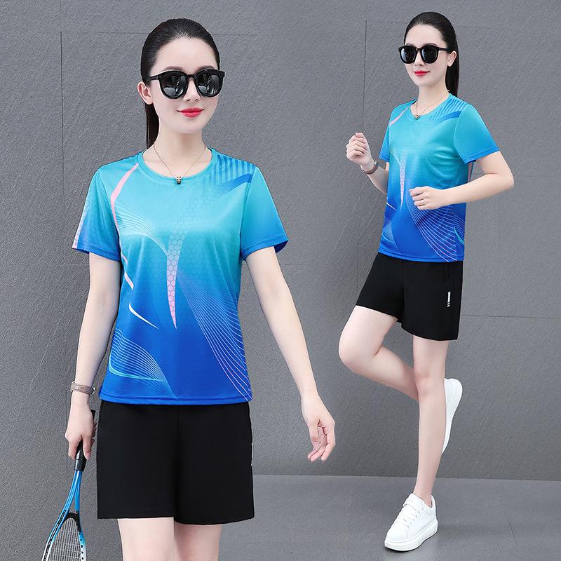 Damen Schnelltrocknender Eisseiden-Sportanzug für den Sommer - Kurzarm-Oberteil und Shorts für Tischtennis, Laufen, Badminton-Training und Fitness.