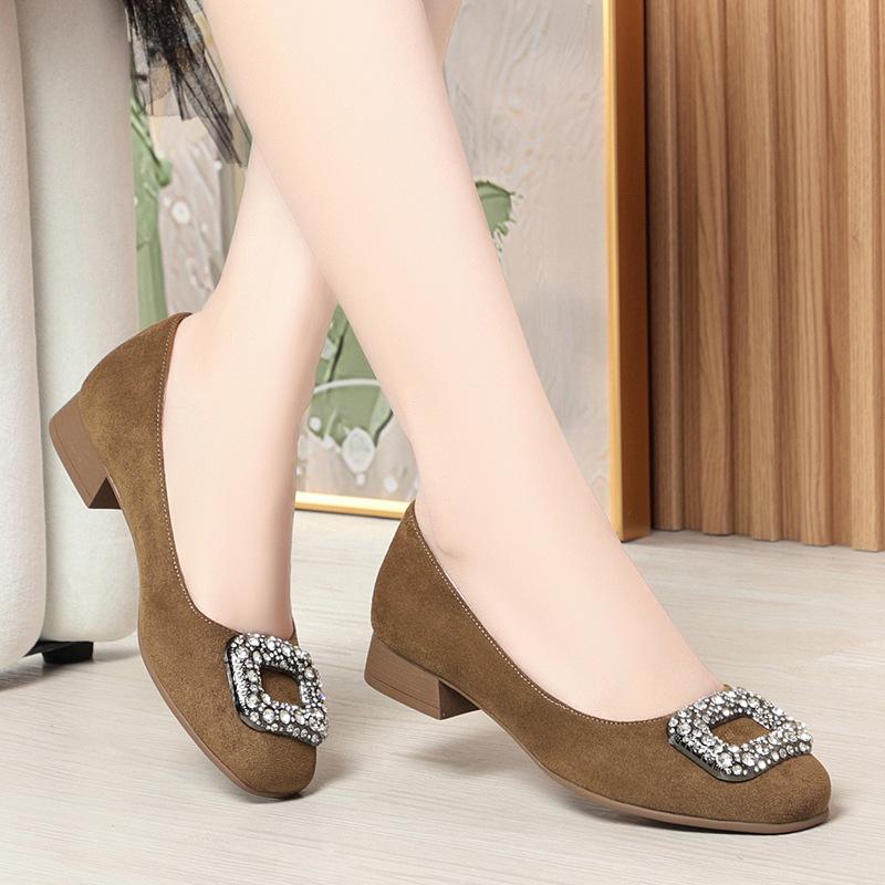 2025 Woman Square Toe Buckle Shoes Rhinestone Shallow Mouth High Heel Female Elegant French Suede Fashion Comfort Simple
