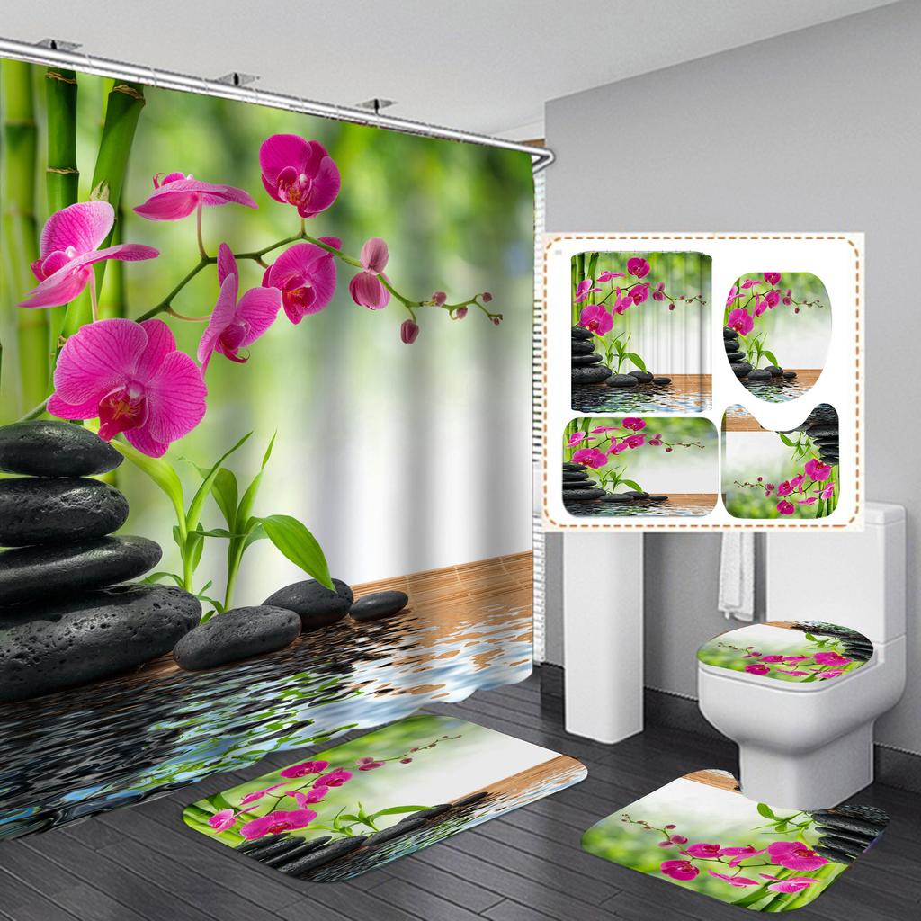 Σετ κουρτινών μπάνιου 4 τμχ Zen Green Bamboo Buddha Series για Αντιολισθητικά Χαλιά Μπάνιου Κάλυμμα Τουαλέτας Χαλάκι μπάνιου