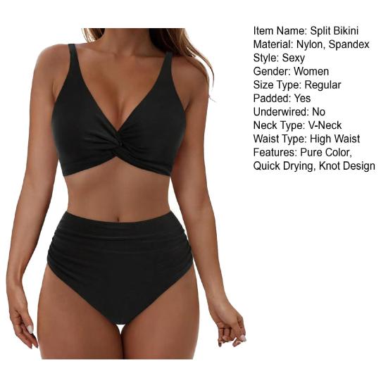 2Pcs/Set Women Split Bikini Deep V-Neck Front Twist Design Bra High Waist Briefs Set Quick Drying Elastic Fabric Vacation Swim Suit
