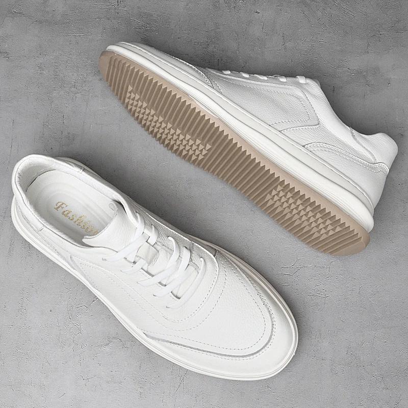 Mens Sneakers Lace Up Spring Autumn England Mens Casual Shoes Men's Genuine Leather Shoes Soft Bottom Men's White Shoes Tenis