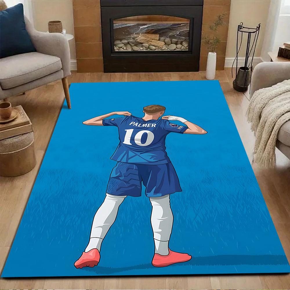 Soccer Player Illustration In Blue Patterned Carpet, Non Slip Mat Suitable for Living Room and Bedroom Sofas
