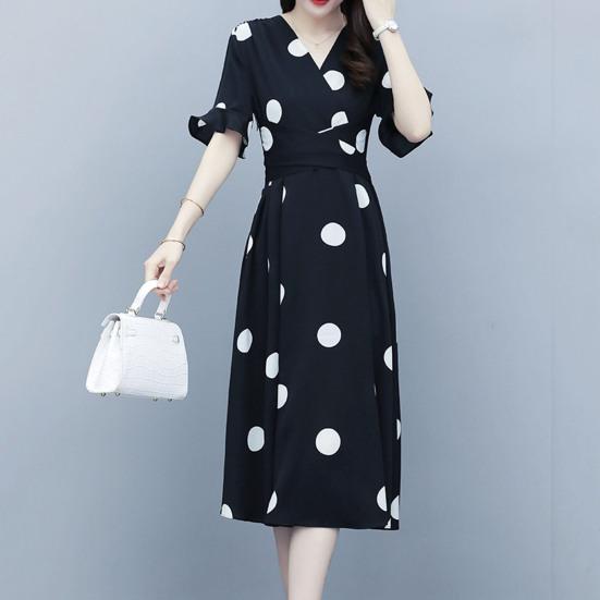 V-Neck Ruffle Short Sleeve Women Dress Waist Lace-up High-waist Large Hem Summer Big Dot Print Midi Dress Female Clothing