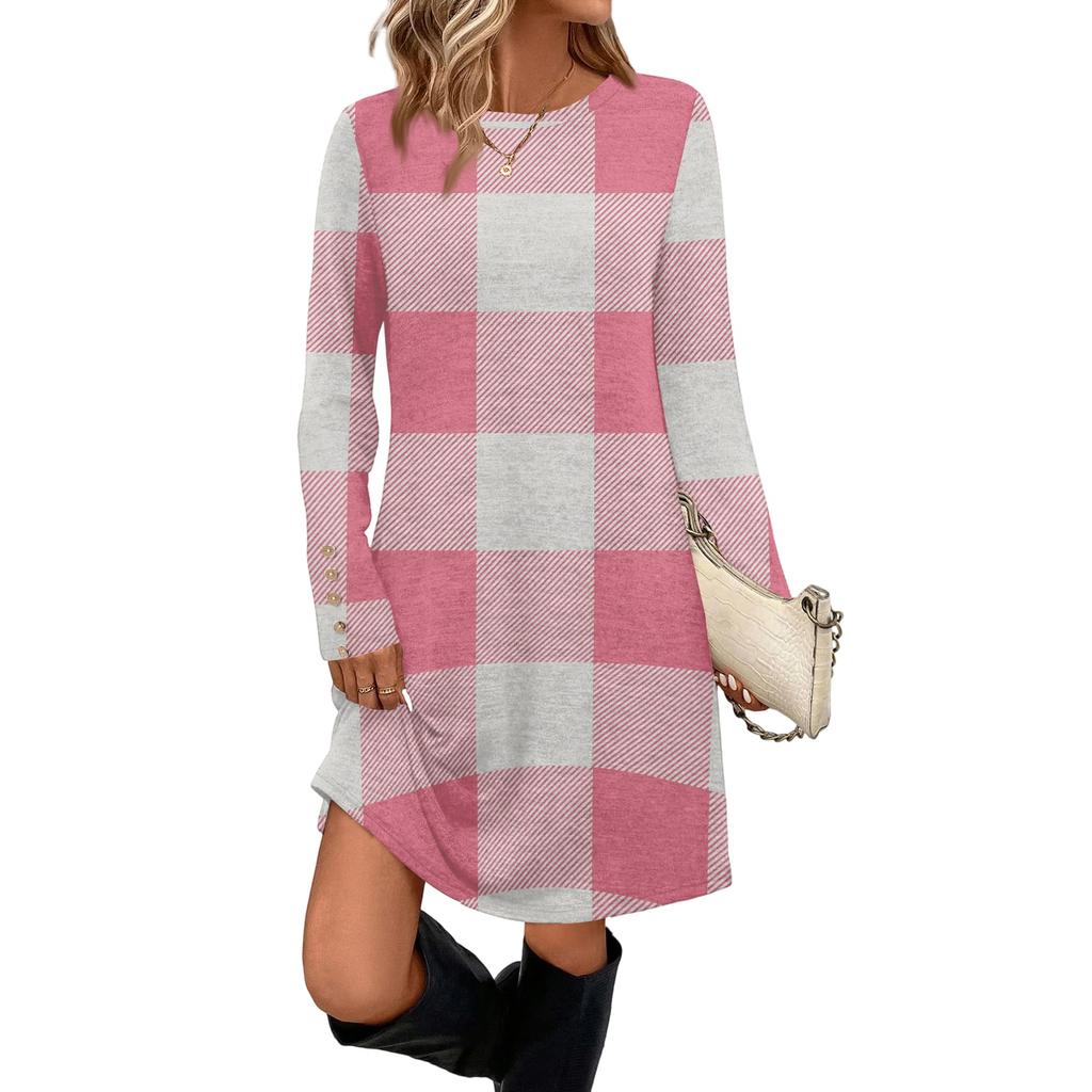 Damenmode Freizeitkleid mit Tasche, dekorativen Knöpfen, Rundhalsausschnitt und langen Ärmeln