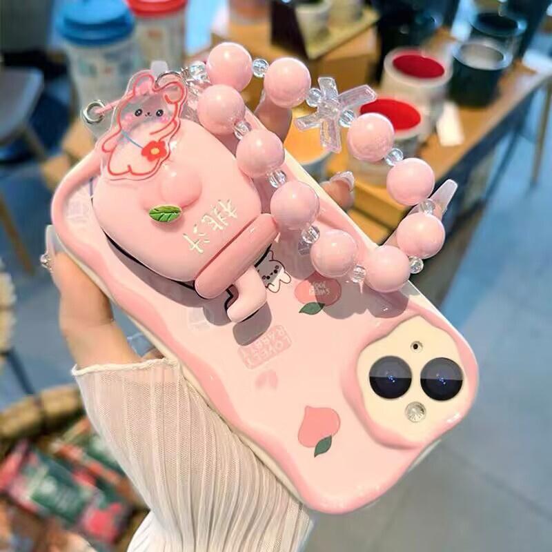 Pink Peach Strawberry 3D Holder Stand Bracelet Chain Case For Realme C55 C35 C12 C15 C20 C30 C21 5 6 7 Pro 8 10 11 A57 A1K Cover