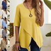 Spring Summer Autumn Pullover Round Neck Slim Mid-sleeved Cotton Linen T-shirt