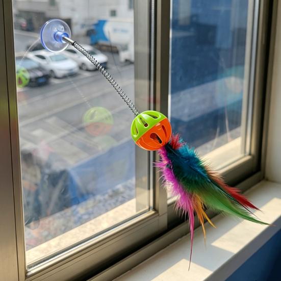 Funny Cat Stick with Suction Cup, Spring Rod Interactive Cat Feather Toy with Bell, Colorful Feather Teaser Toy for Indoor Cats And Kittens