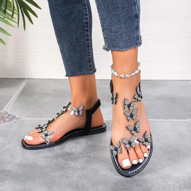 Letnie damskie buty 2024 Wysoka jakość Moda Odkryty palec Damskie sandały Jednopaskowa klamra Ozdoba motyla Damskie buty
