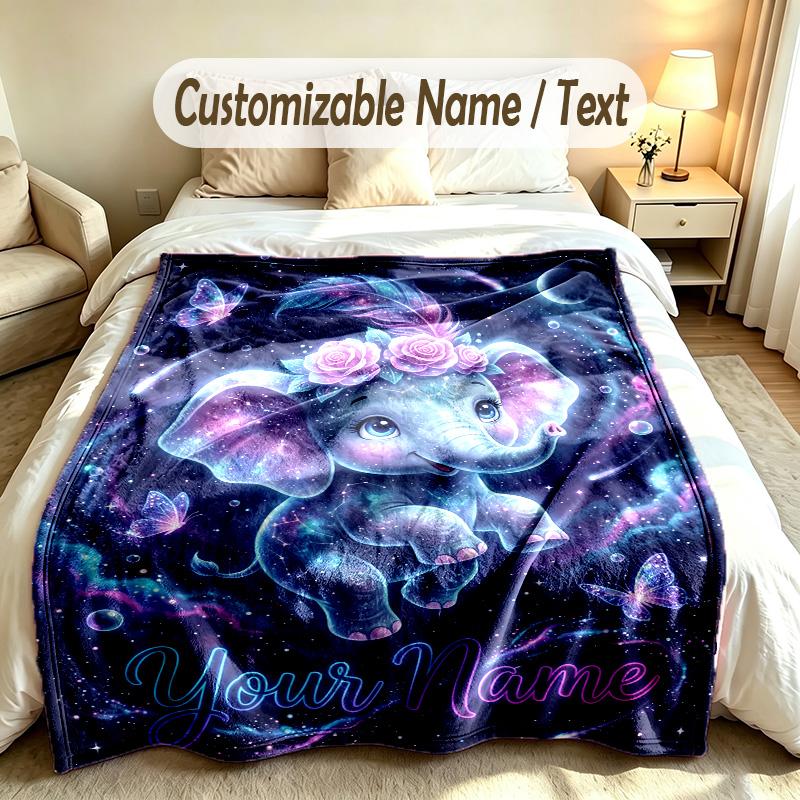Elephant Theme Soft Blanket Personalized Custom Name Text Print Warm Blanket Home Sofa Bedroom Decor