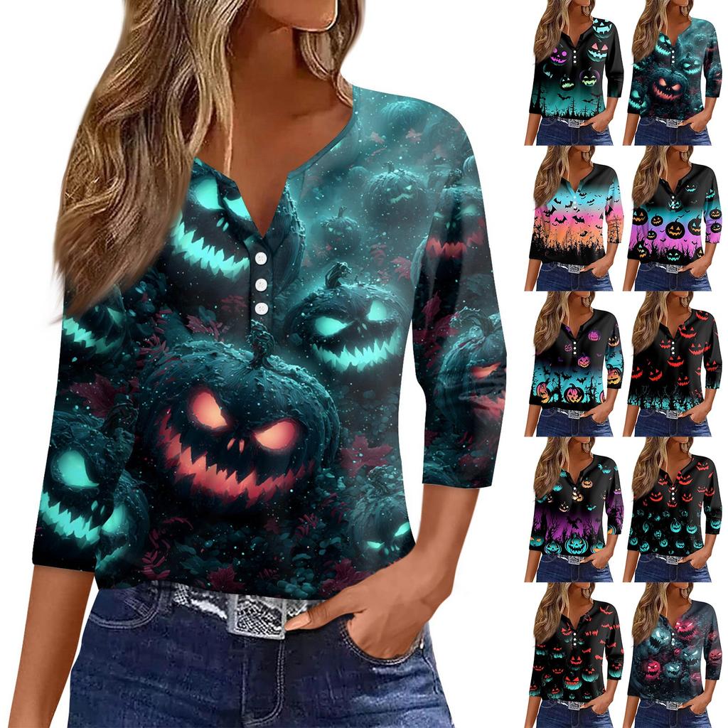 Women's T Shirt Tee Halloween Printed Button 3/4 Sleeve Tunic Daily Weekend Fashion Basic V- Neck Regular Top