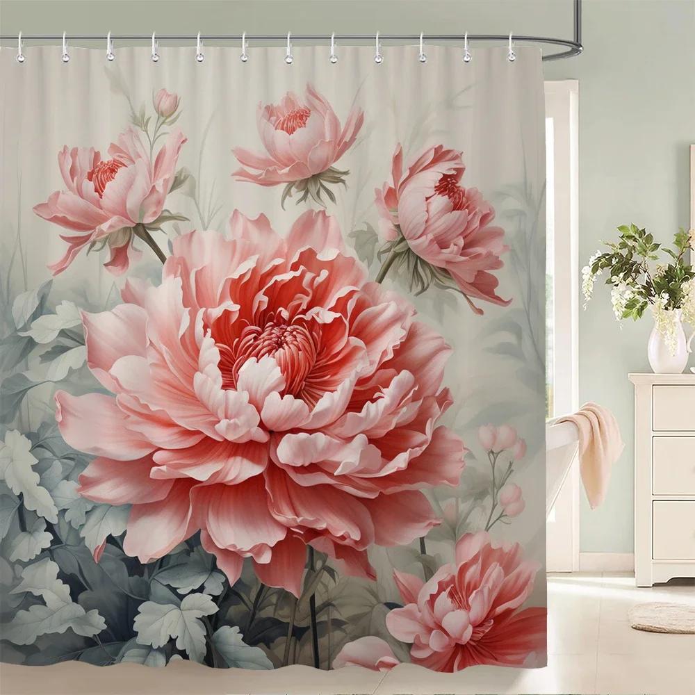Beautiful Flowers Shower Curtain,Watercolor Leaves On The Top Plant With Floral Bathroom Decor Shower Curtain Set With Hooks