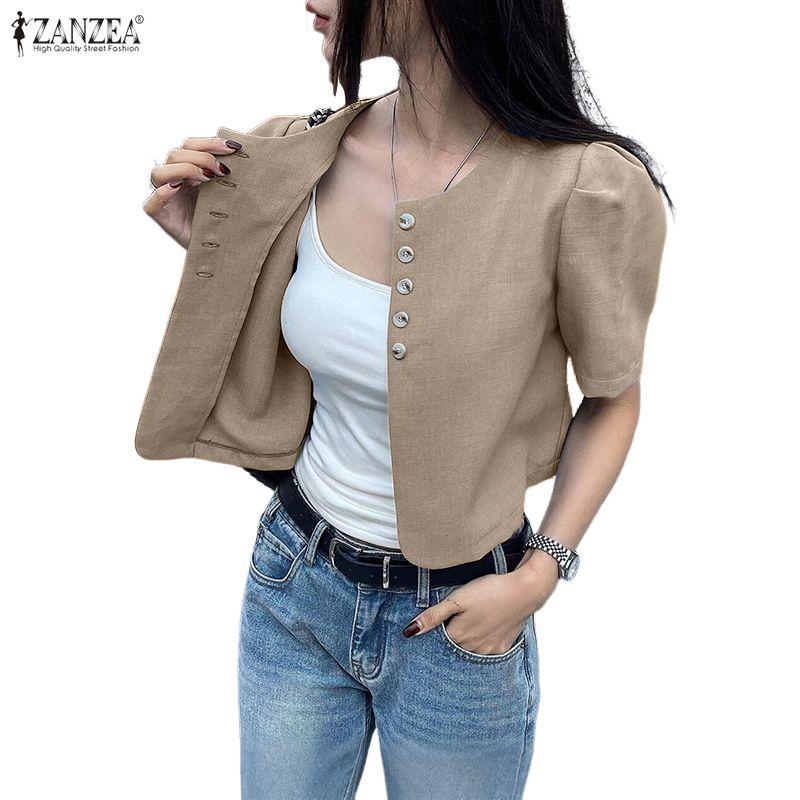 ZANZEA Women Casual Round Neck Summer Short Sleve Button Blouse