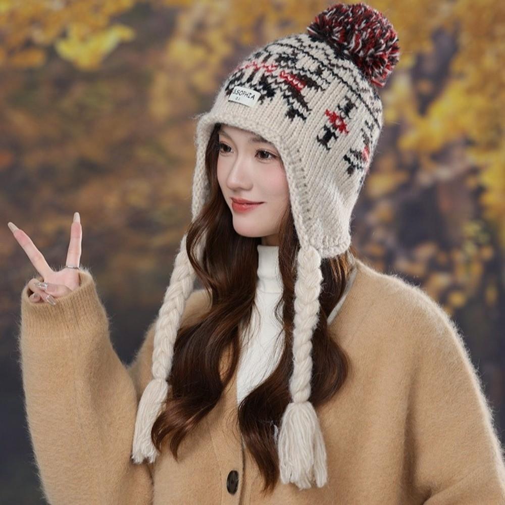 Weave Knitted Beanies Caps Jacquard Women Wool Cap Cute Ear Protection Cap  Autumn Winter