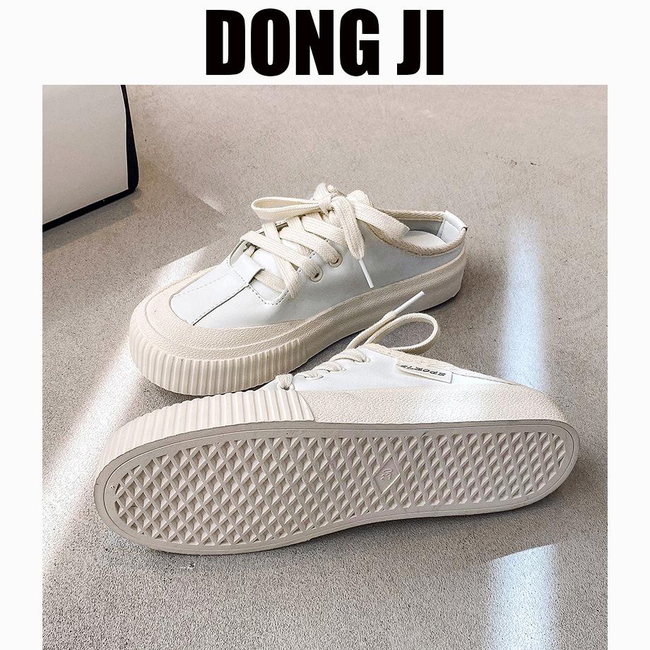 Korean Version of Lazy Wind Back Empty White Shoes 2025 Spring New Thick-soled Middle Heel Round Head Lace-up Casual Muller Slippers Women