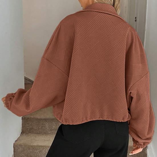 Women's Full Zip Short Jacket Casual Long Sleeve Stand Collar Crop Coat Drawstring Hem Fall Sweatshirt with Pockets