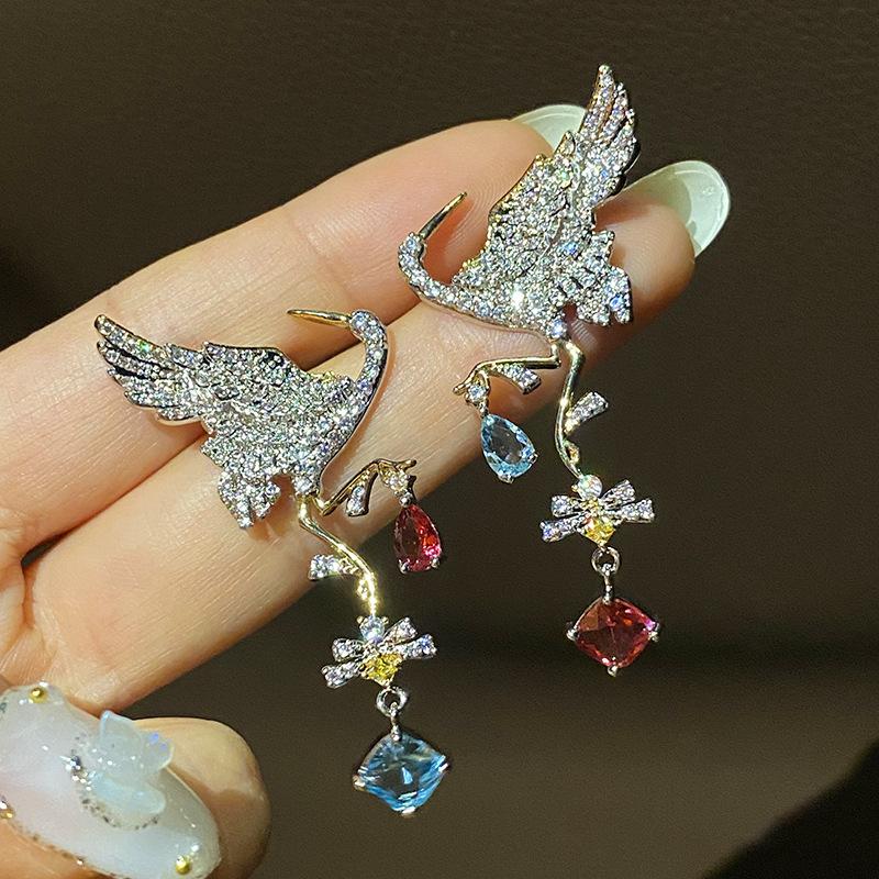 2022 Creative Jewelry Color Zircon Crystal Crane Bird Drop Earrings Ladies Exaggerated Dangler Vintage Banquet Trendy Jewelry