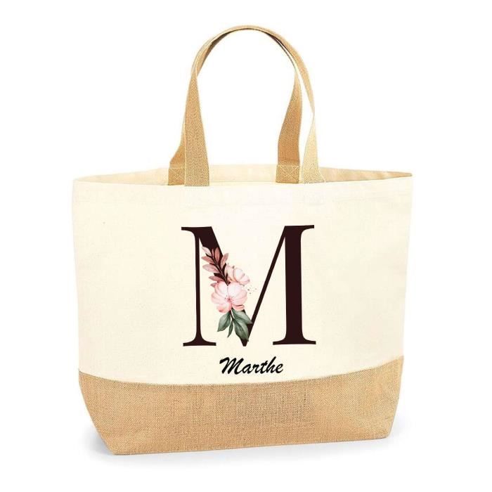 Tote bag / Cabas en jute - PLANETEE - Marthe Lettre Fleur - jute naturel - multicolore - Fabriqué en France