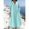 Summer Women V Neck 3/4 Sleeve Loose Pocket Maxi Dress Casual Breathable