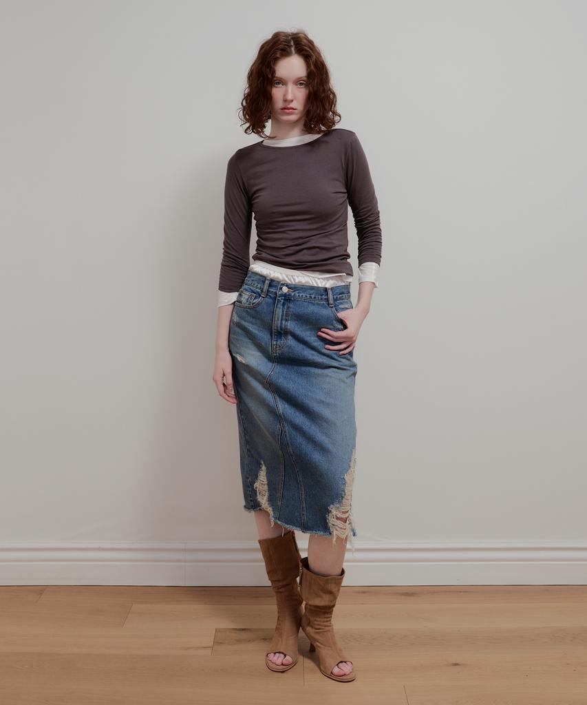Aobteu Vintage Washed Denim Skirt - Blue