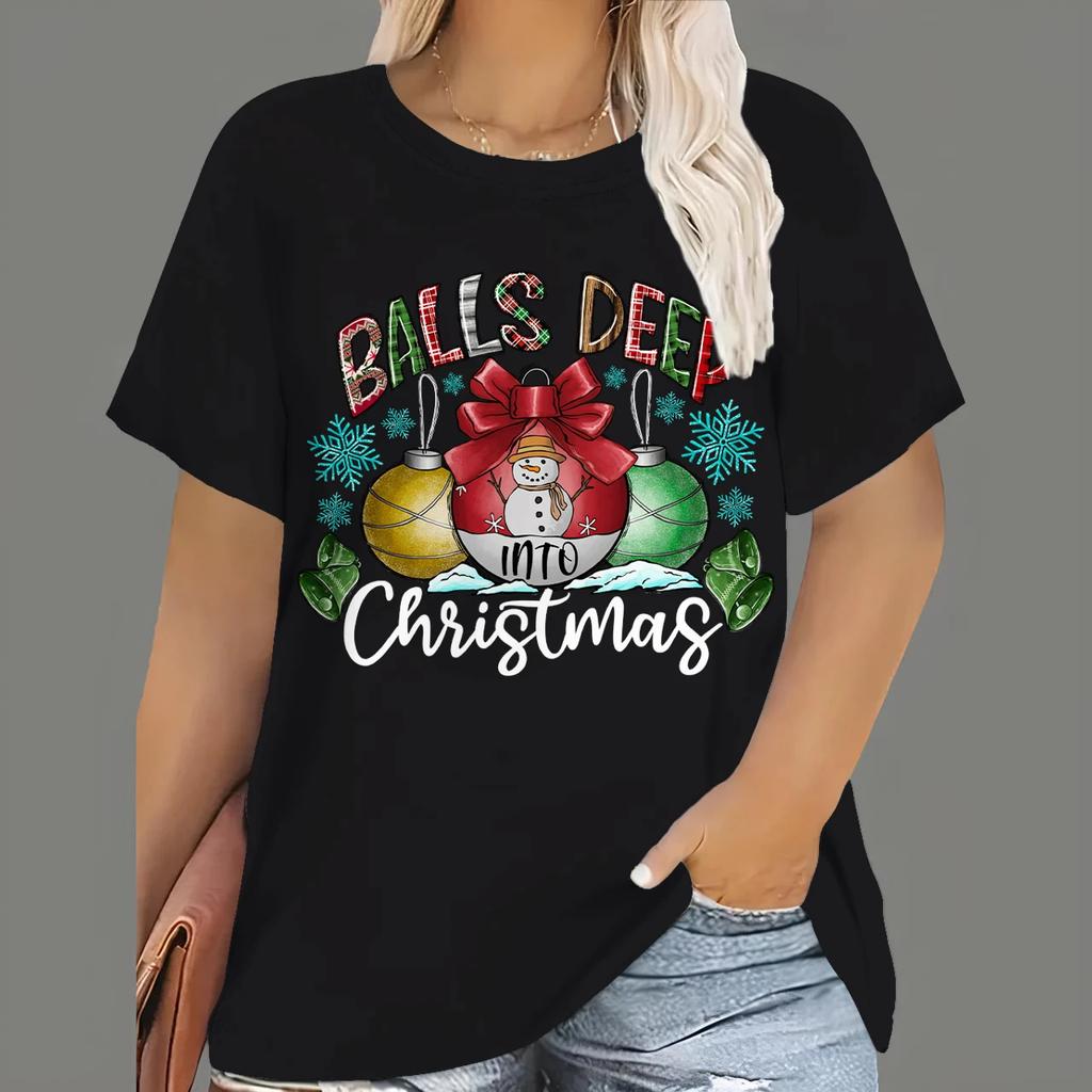 Christmas T Shirts Women's Cartoon Santa Claus Print Tops Tees Short Sleeve O-Neck Casual Party Clothing Oversized Ladies Tops