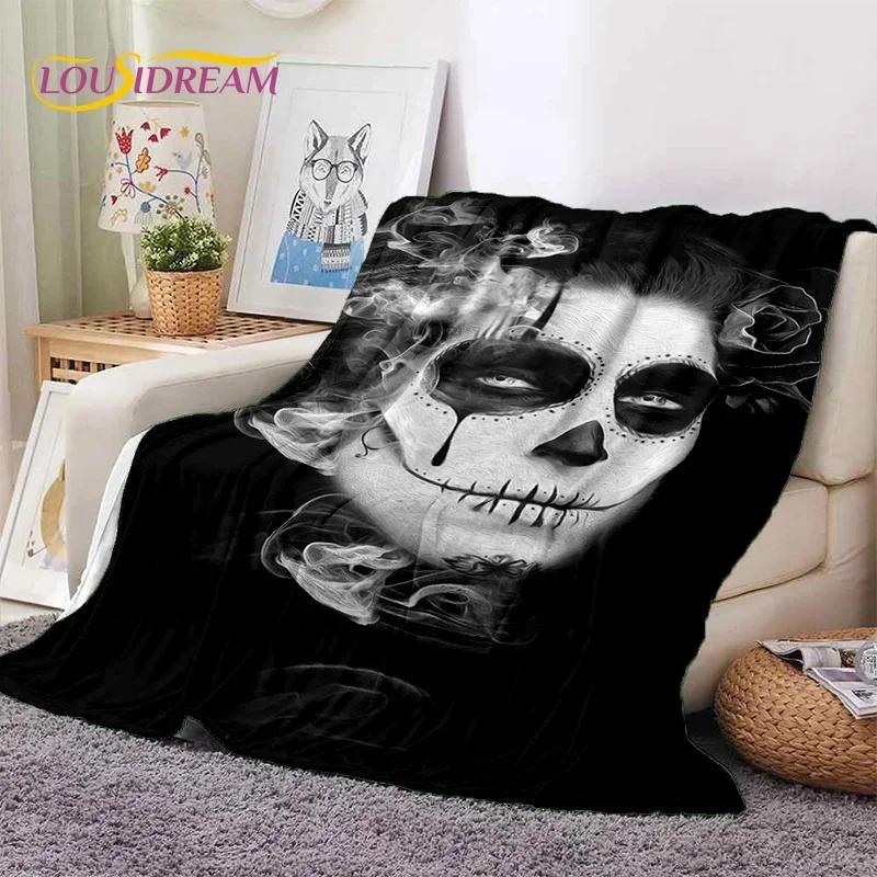 Totenkopf Totes Mädchen 3D Gothic Horror Weiblich Rose Weiche Flanelldecke für Betten Schlafzimmer Sofa Picknick, Überwurfdecke zum Zudecken Freizeit