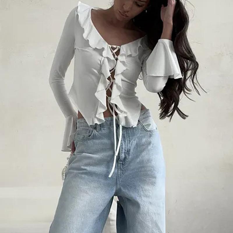 Ruffle Edge Splicing Lace-up Short Shirt Sexy Strap Tie Spicy Girl Top Long Sleeved Solid Color Falred Long Sleeve T-shirt Streetwear Slim Fit Blouse