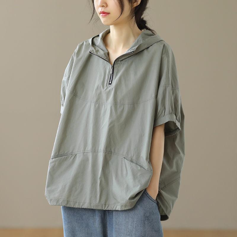 Hooded T Shirt Women Summer Art Large Size Loose Casual Zipper Short-sleeved T-shirt Fashion Sunscreen Tops