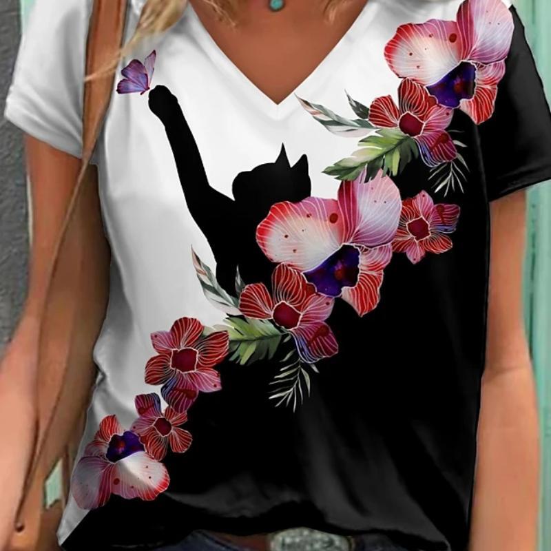 Damen-T-Shirt mit Katzenmalerei, Katzen-Grafik, geometrischer Druck, V-Ausschnitt, Basic-Oberteile