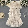 Super fairy seaside vacation chiffon long dress women's lotus leaf lace V-neck temperament pleated waist thin pendulum dress