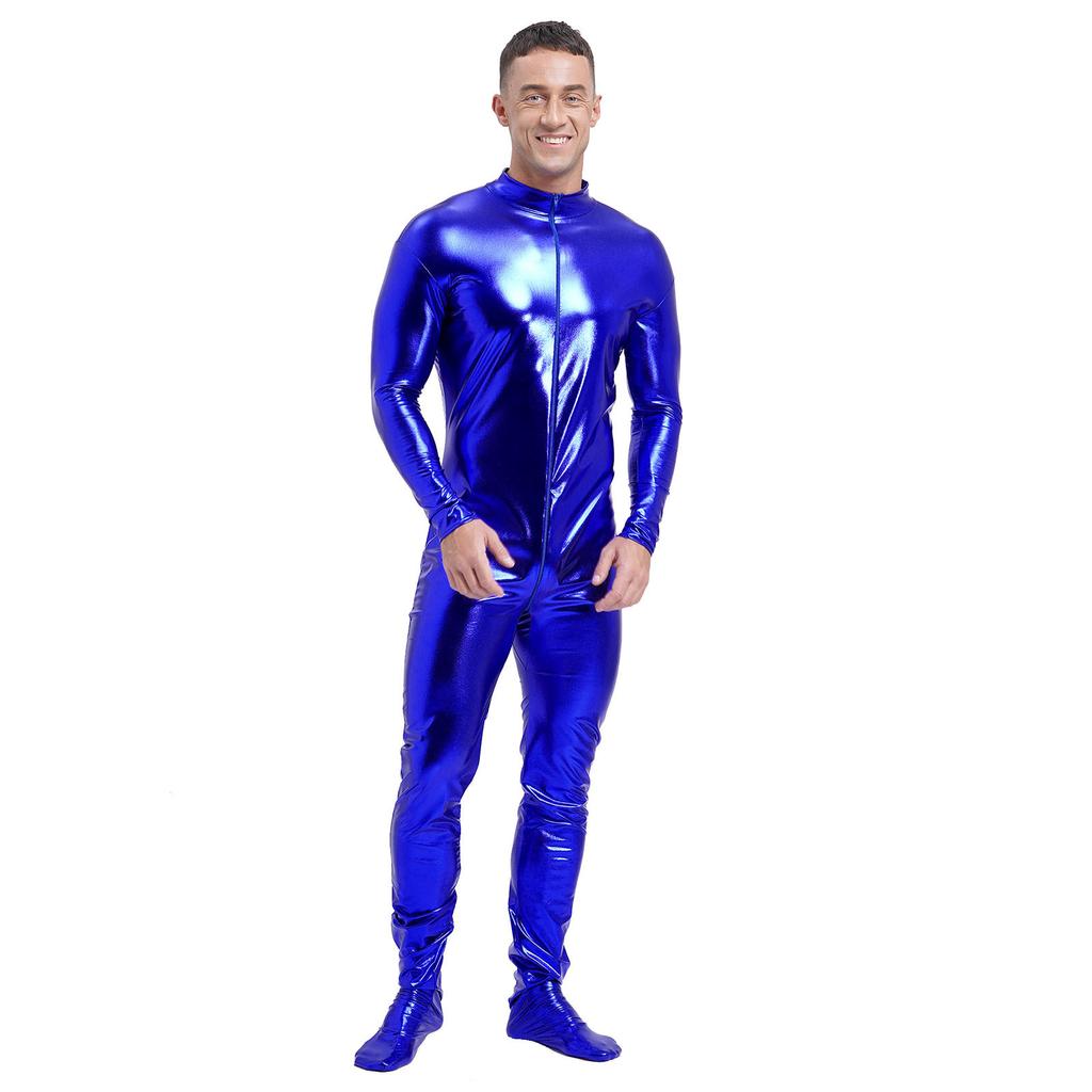 Herren Metallic Zentai Jumpsuit Ganzkörper Eng Stehkragen Langarm Club Performance Kostüm