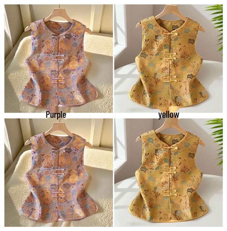Autumn Retro Frog Button Vest for Middle-aged and Elderly Women - Chinese National Style Round Neck Top